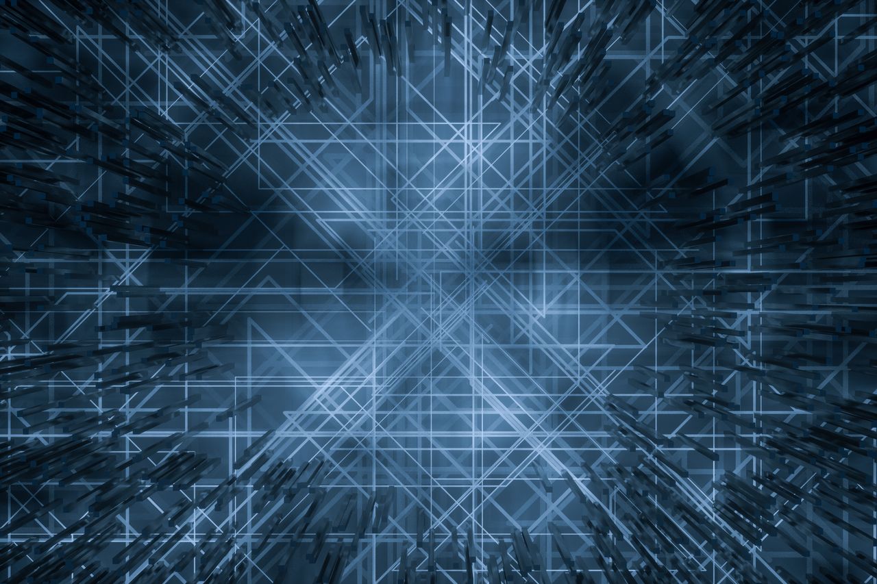 Arrière-plan technologique sombre avec lignes et cubes 3D, motif géométrique futuriste pour design numérique.