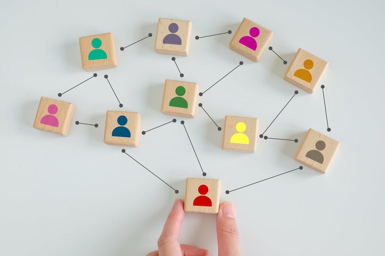 Schéma du réseau d'influence sur les réseaux sociaux illustrant comment les leaders connectent leurs communautés.